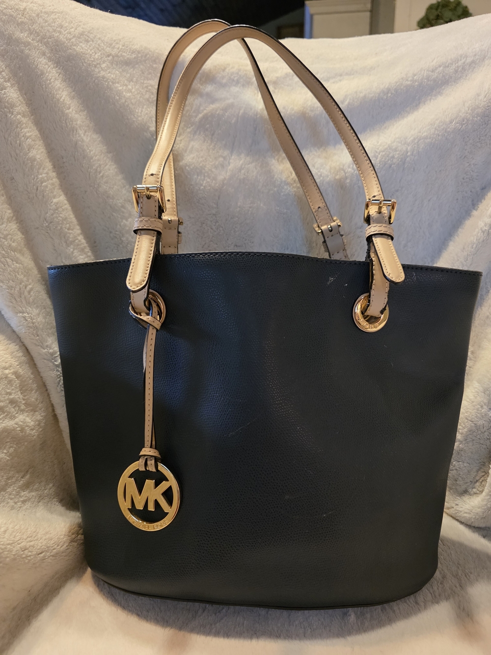 Michael Kors Black Leather Tote with Beige Straps
